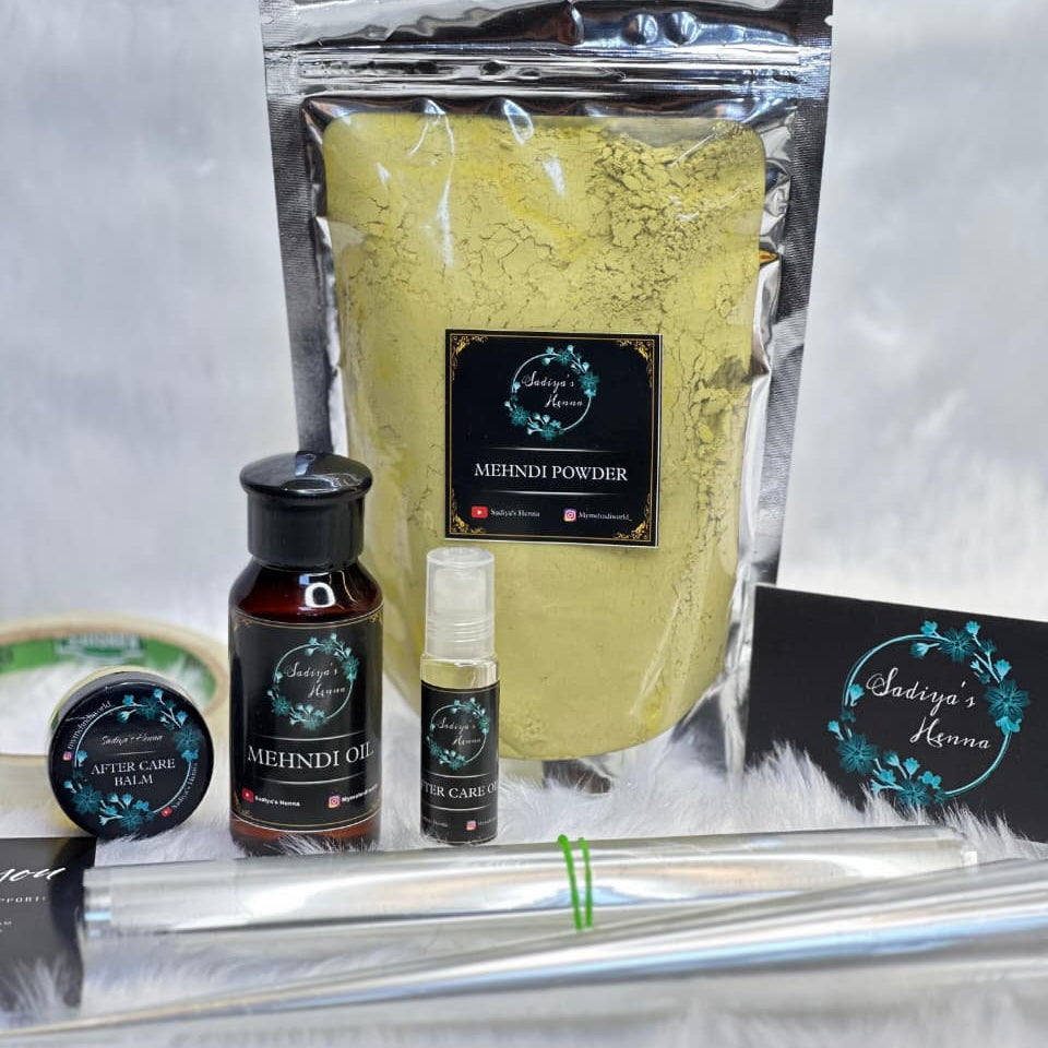 Beginner’s Cone Making Kit [ 200gm Five filter mehndi powder, 60ml mehndi oil, 20 Cone sheets, 2 Piping bags, 5 pre rolled cones, Cello-tape ]
